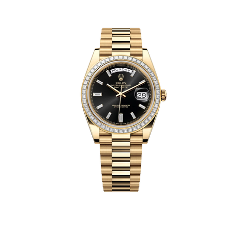 Day-Date 40mm Yellow Gold Black Baguette Diamond Dial Baguette Bezel m228398tbr-0001