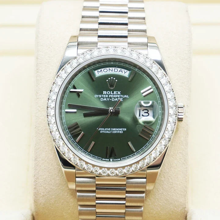 Day-Date 40 228349RBR White Gold Olive Green Dial Diamond Bezel