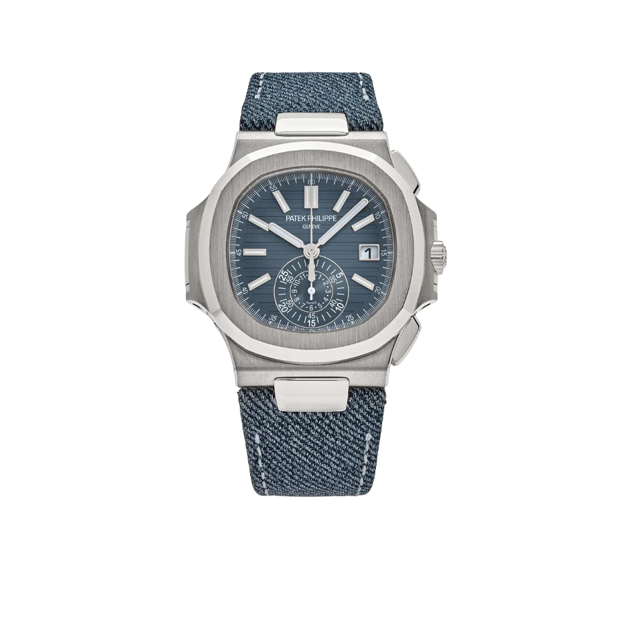 Nautilus 40mm 5980/60G-001 Flyback Chronograph White Gold Blue Dial Denim Strap