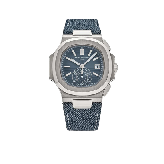 Nautilus 40mm 5980/60G-001 Flyback Chronograph White Gold Blue Dial Denim Strap