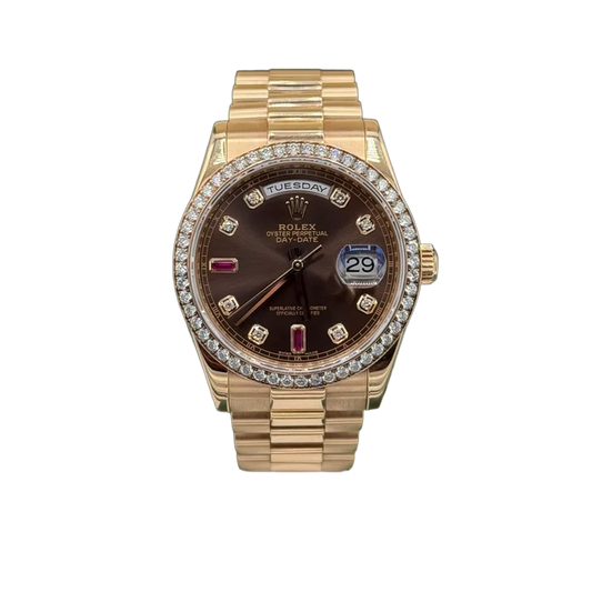 Day-Date 36mm President Bracelet Chocolate Ruby Dial Rose Gold Diamond Bezel 118235