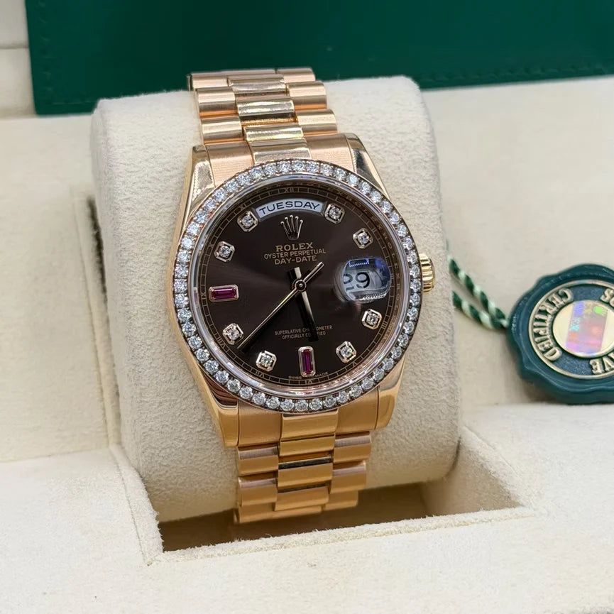 Day-Date 36mm President Bracelet Chocolate Ruby Dial Rose Gold Diamond Bezel 118235