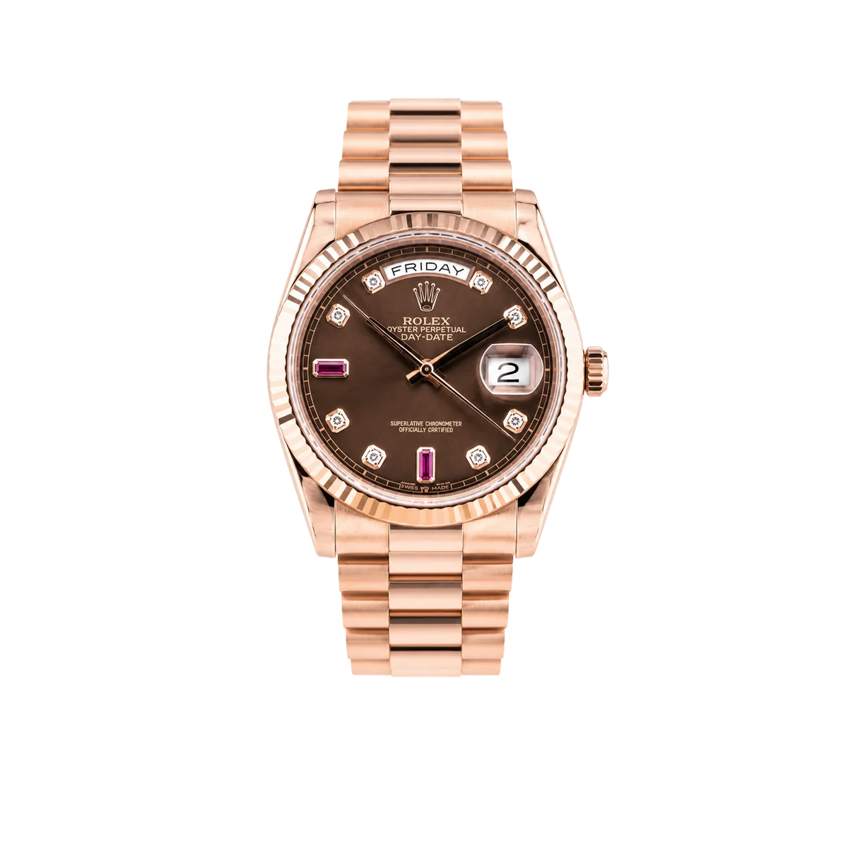 Day-Date 36mm Rose Gold 18K Chocolate Dial Ruby Diamond 118235