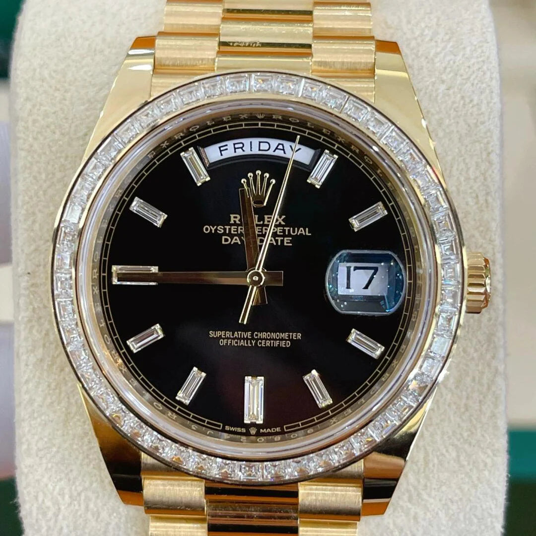 Day-Date 40mm Yellow Gold Black Baguette Diamond Dial Baguette Bezel m228398tbr-0001