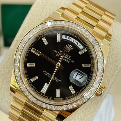 Day-Date 40mm Yellow Gold Black Baguette Diamond Dial Baguette Bezel m228398tbr-0001
