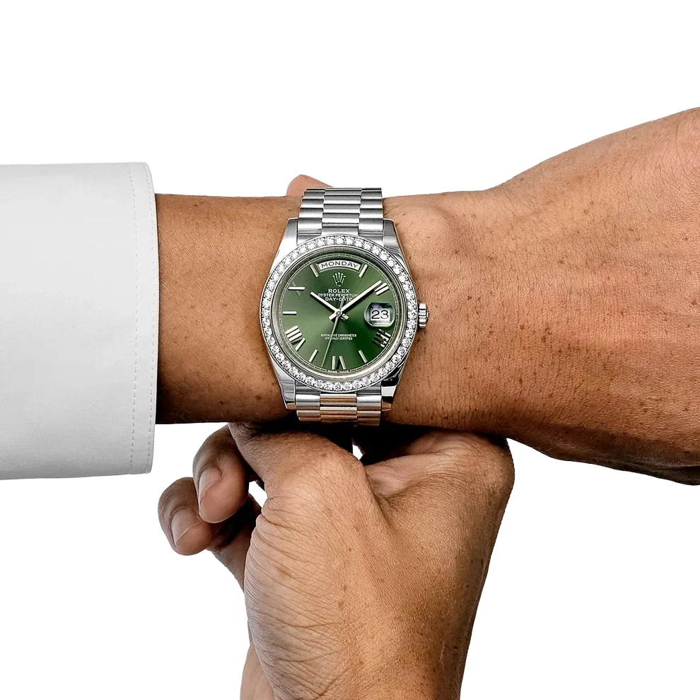 Day-Date 40 228349RBR White Gold Olive Green Dial Diamond Bezel
