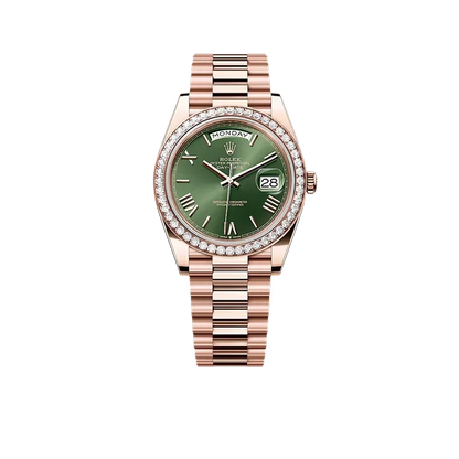 Day-Date President 40mm Everose Gold Olive Green Roman Dial Diamond Bezel - 228345RBR - New 2025